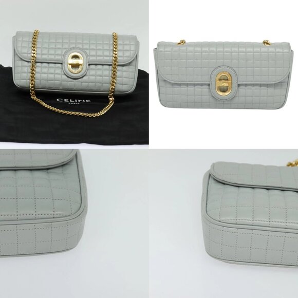 CELINE Quilted Chain Shoulder Bag Lamb Skin Gray Gold Auth mr1084V - Picture 14 of 14
